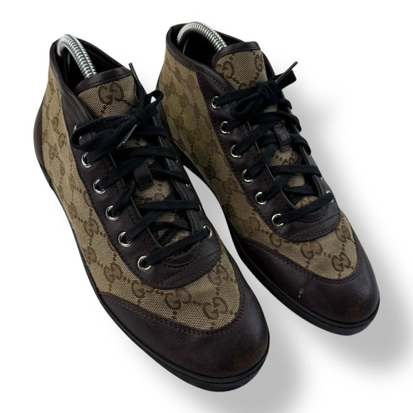 Gucci GG Monogram High Top Sneakers Brown Leather Canvas 390968